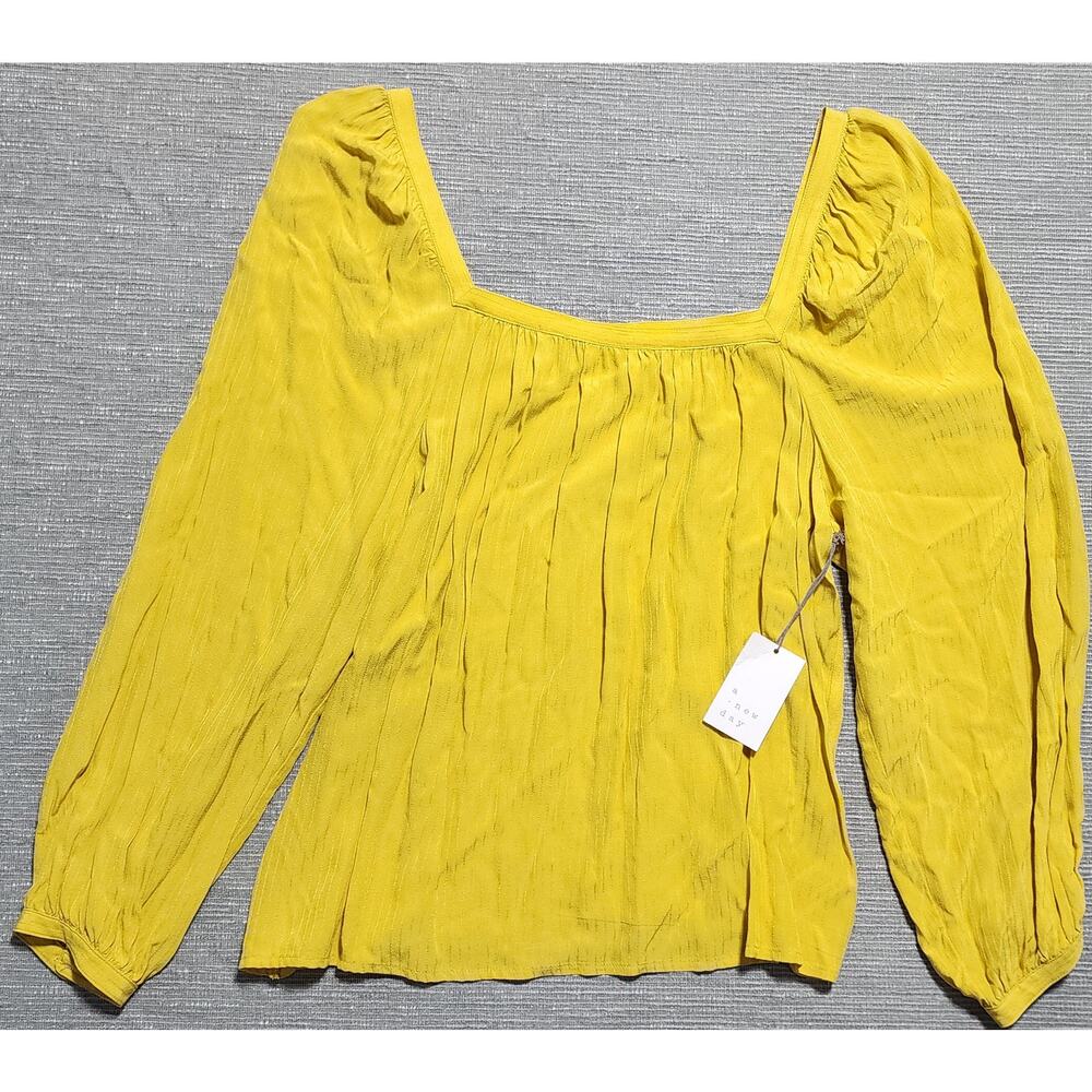 A New Day Mustard Yellow Square Neck Boho Blouse Women’s Size L NWT Pearl Button - Picture 2 of 13